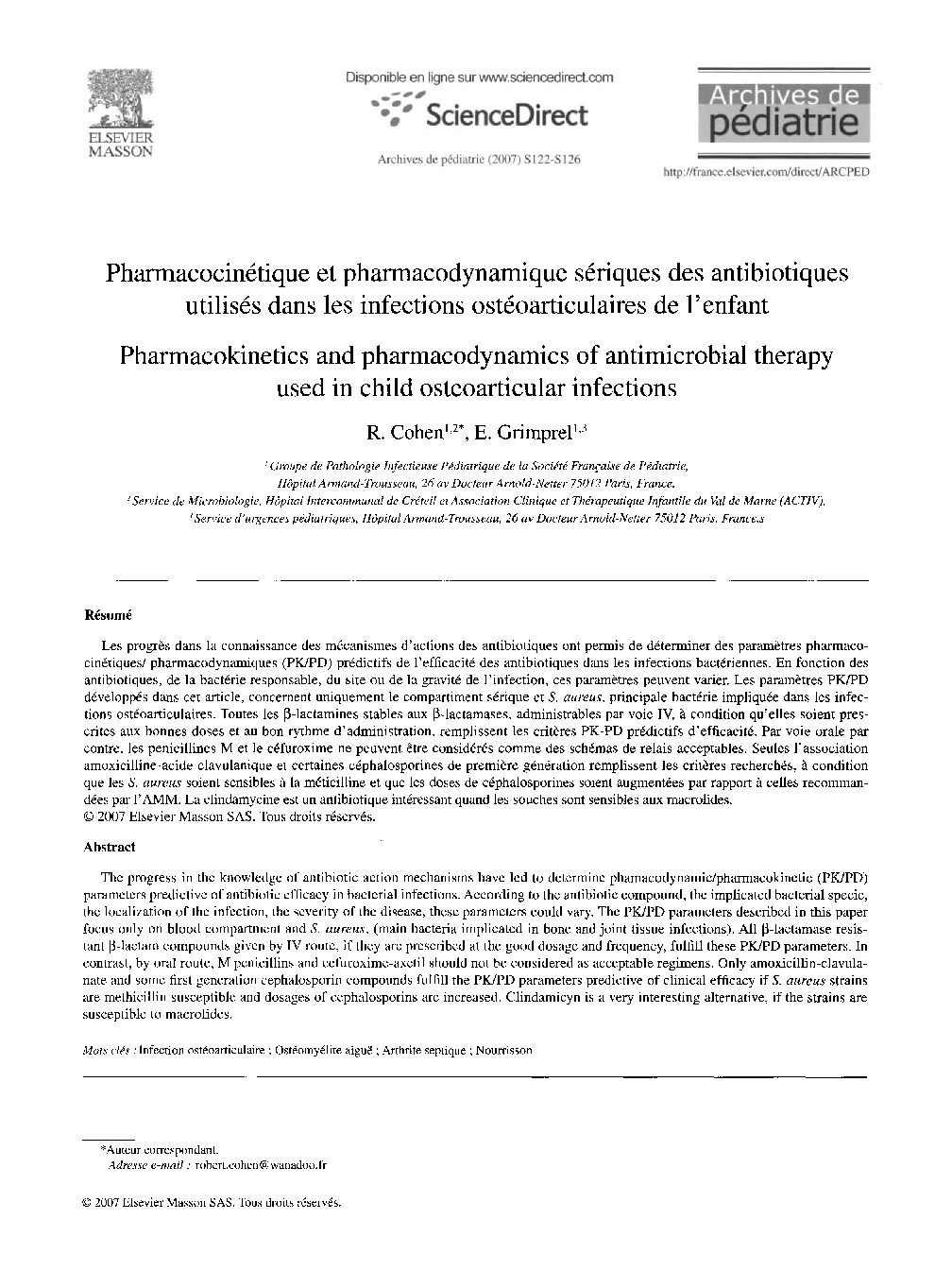 Pharmacocinétique et pharmacodynamique sériques des antibiotiques utilisés dans les infections ostéoarticulaires de l'enfant