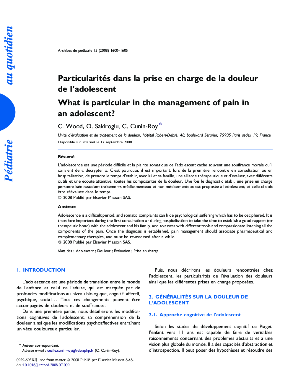 Particularités dans la prise en charge de la douleur de l'adolescent