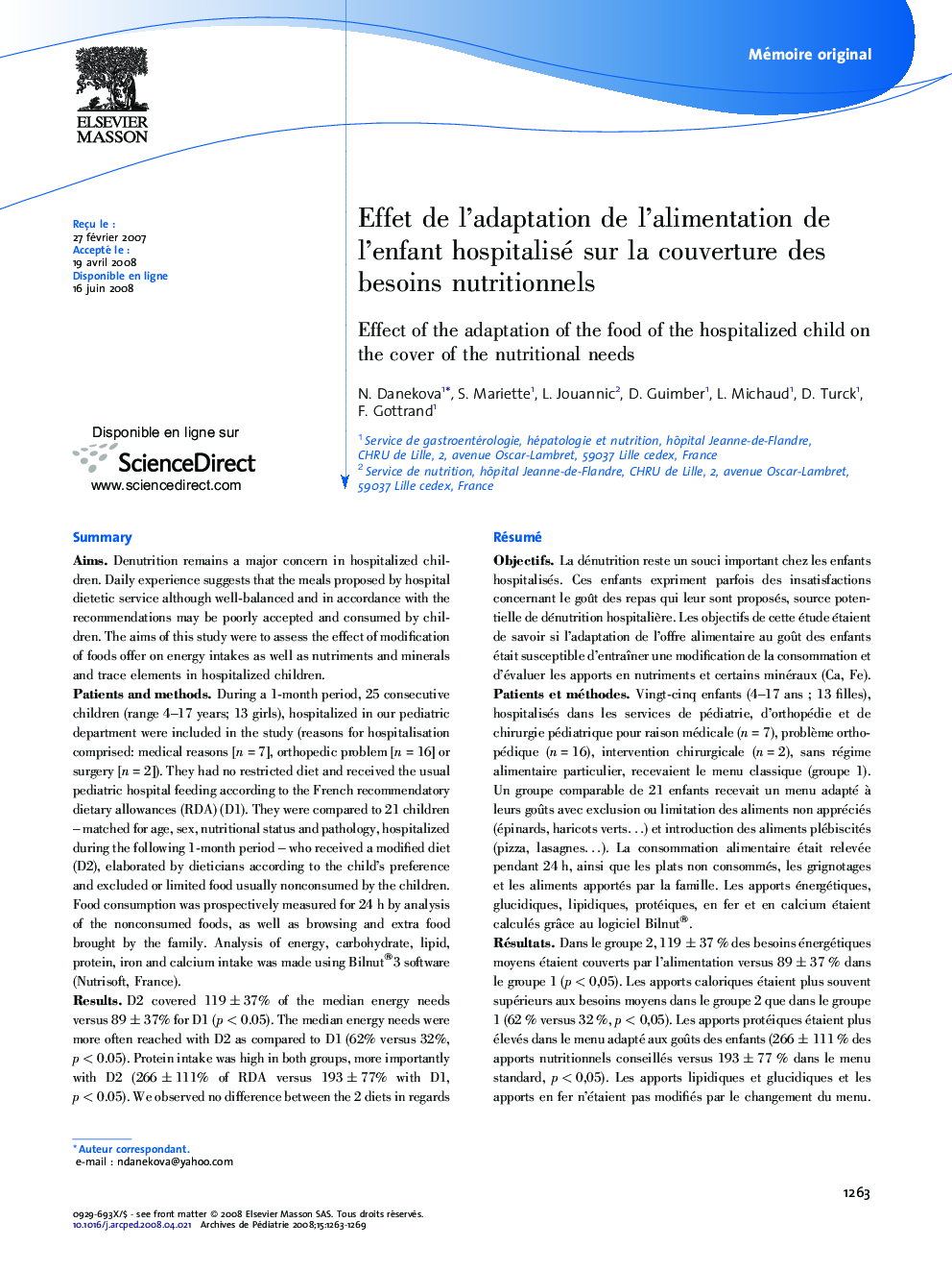 Effet de l’adaptation de l’alimentation de l’enfant hospitalisé sur la couverture des besoins nutritionnels