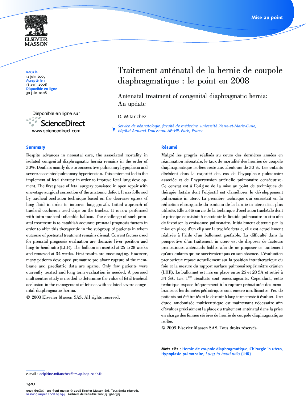 Traitement anténatal de la hernie de coupole diaphragmatique : le point en 2008