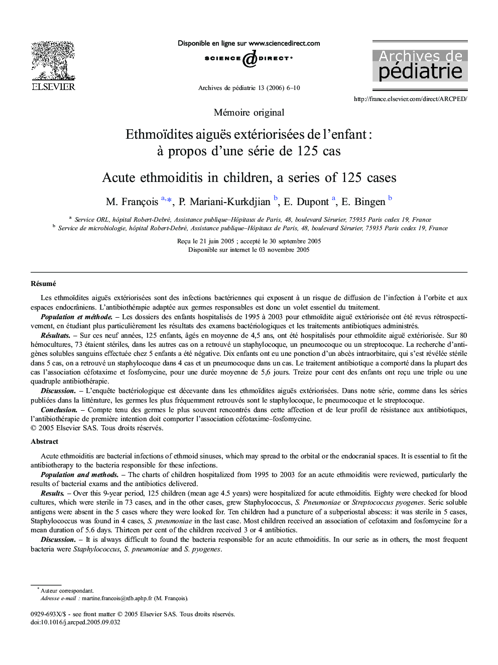 Ethmoïdites aiguës extériorisées deÂ l'enfantÂ : Ã Â propos d'uneÂ série deÂ 125Â cas