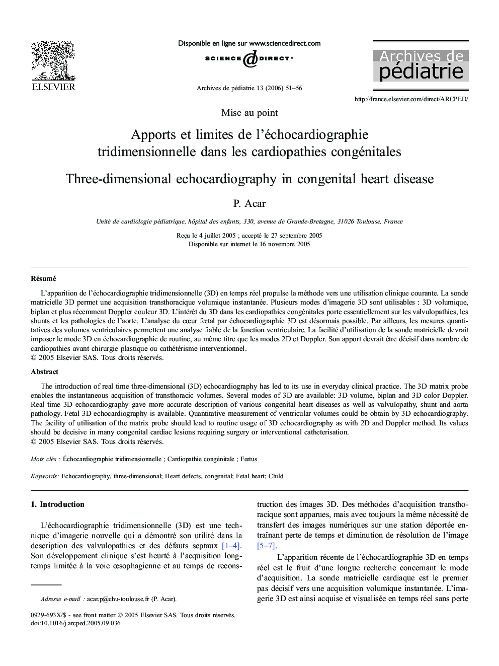 Apports et limites de l'échocardiographie tridimensionnelle dans les cardiopathies congénitales