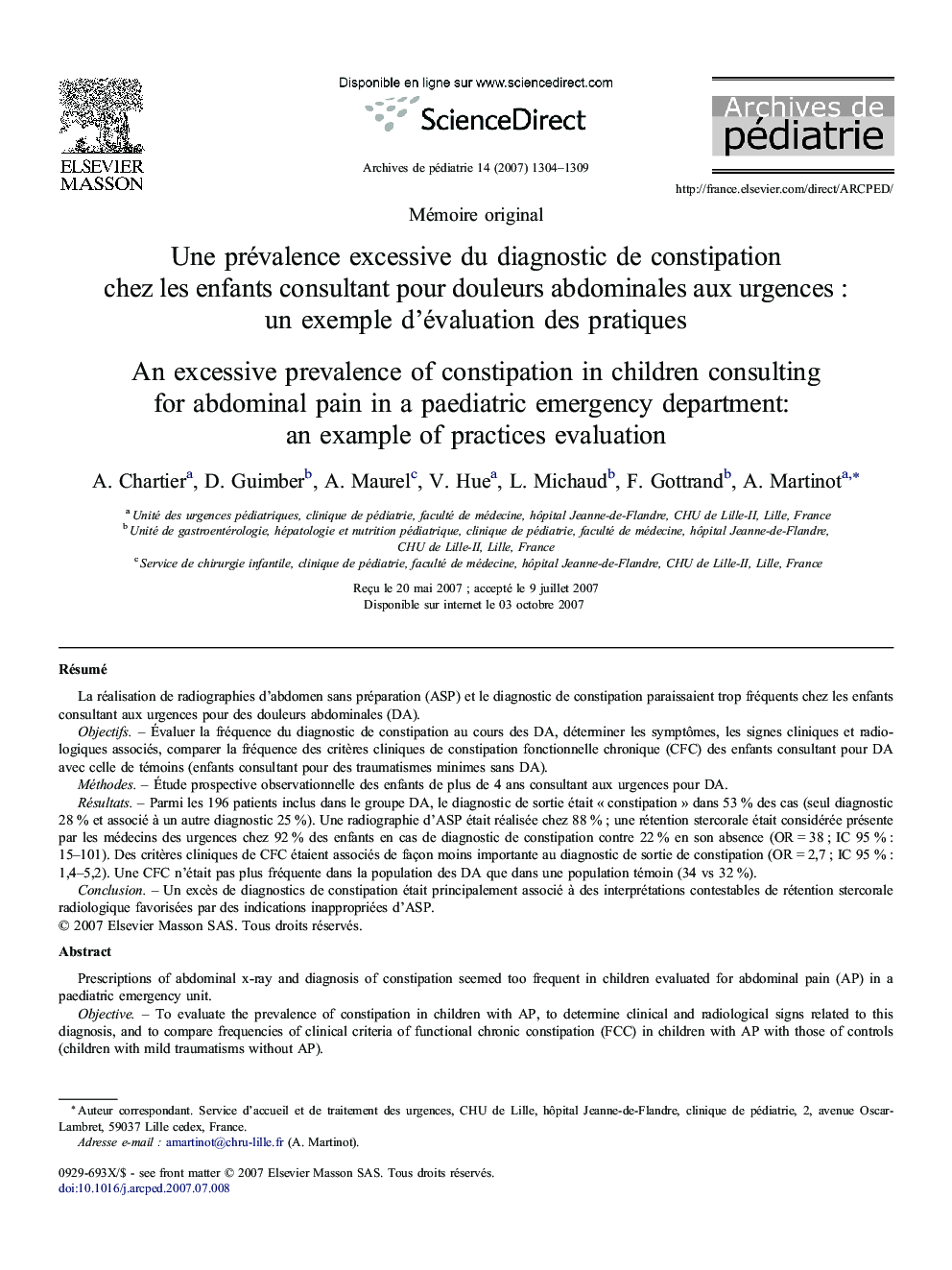 Une prévalence excessive du diagnostic de constipation chez les enfants consultant pour douleurs abdominales aux urgences : un exemple d'évaluation des pratiques