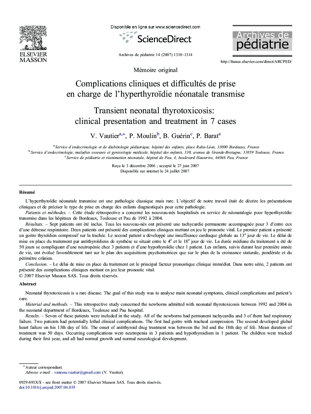 Complications cliniques et difficultés de prise en charge de l'hyperthyroïdie néonatale transmise