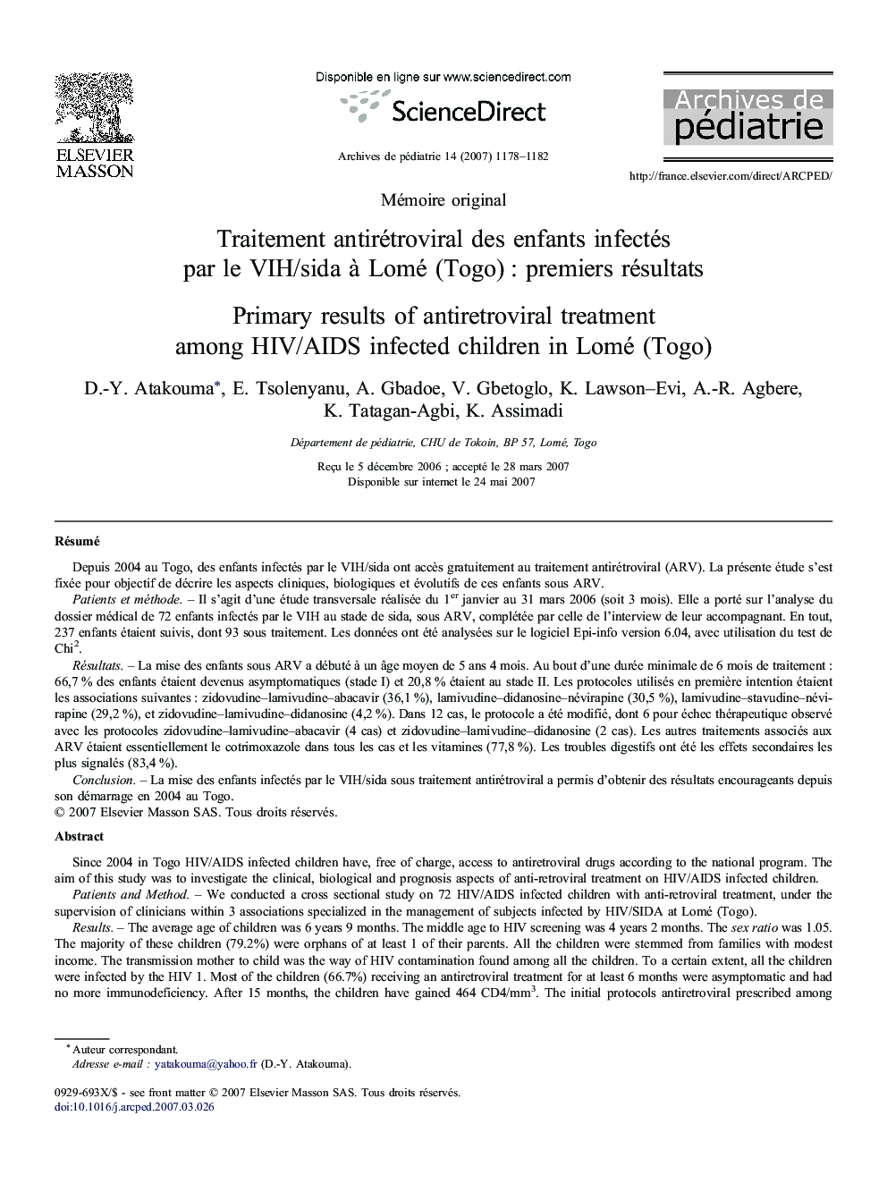 Traitement antirétroviral des enfants infectés par le VIH/sida à Lomé (Togo) : premiers résultats