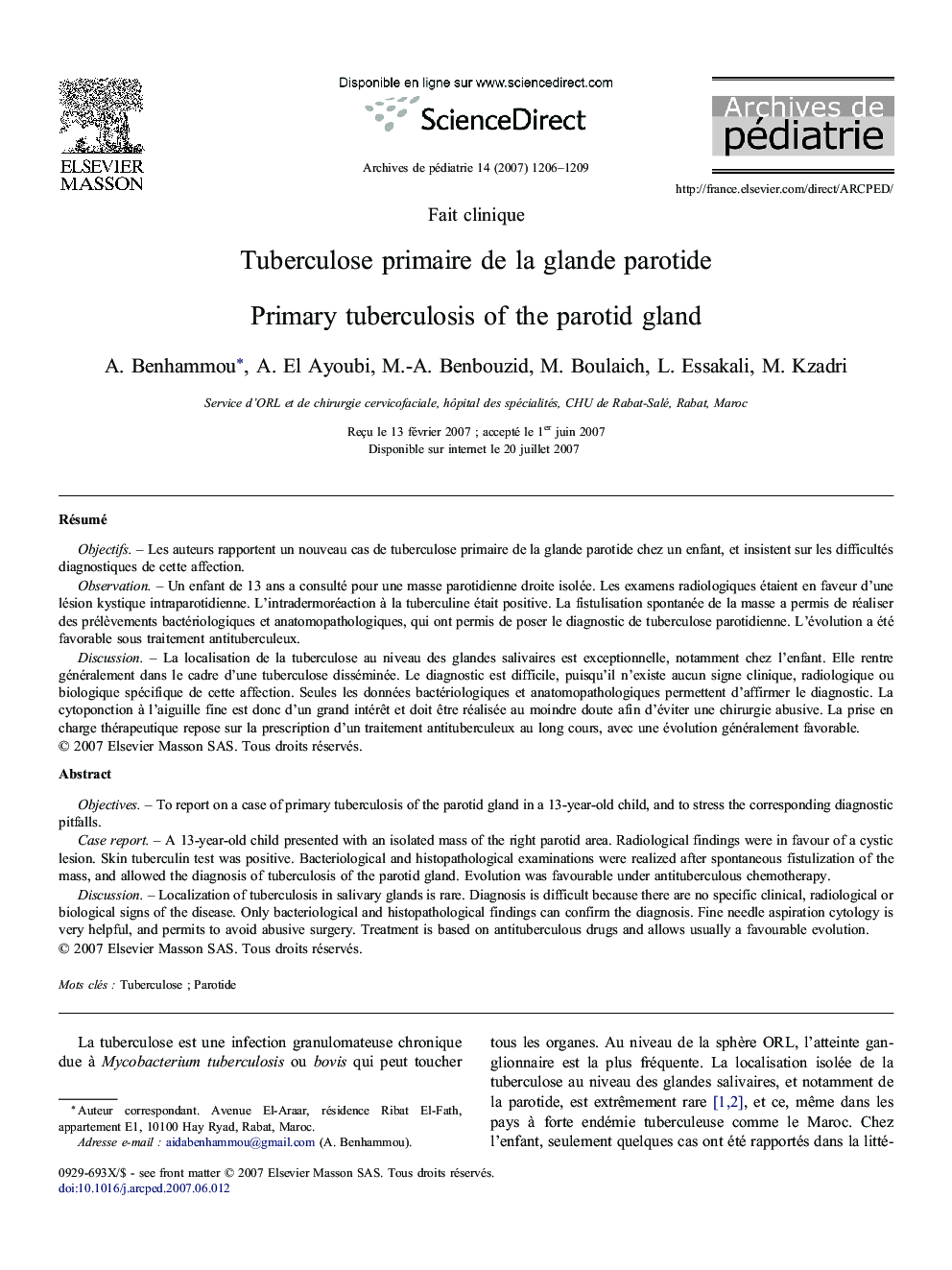 Tuberculose primaire deÂ laÂ glande parotide