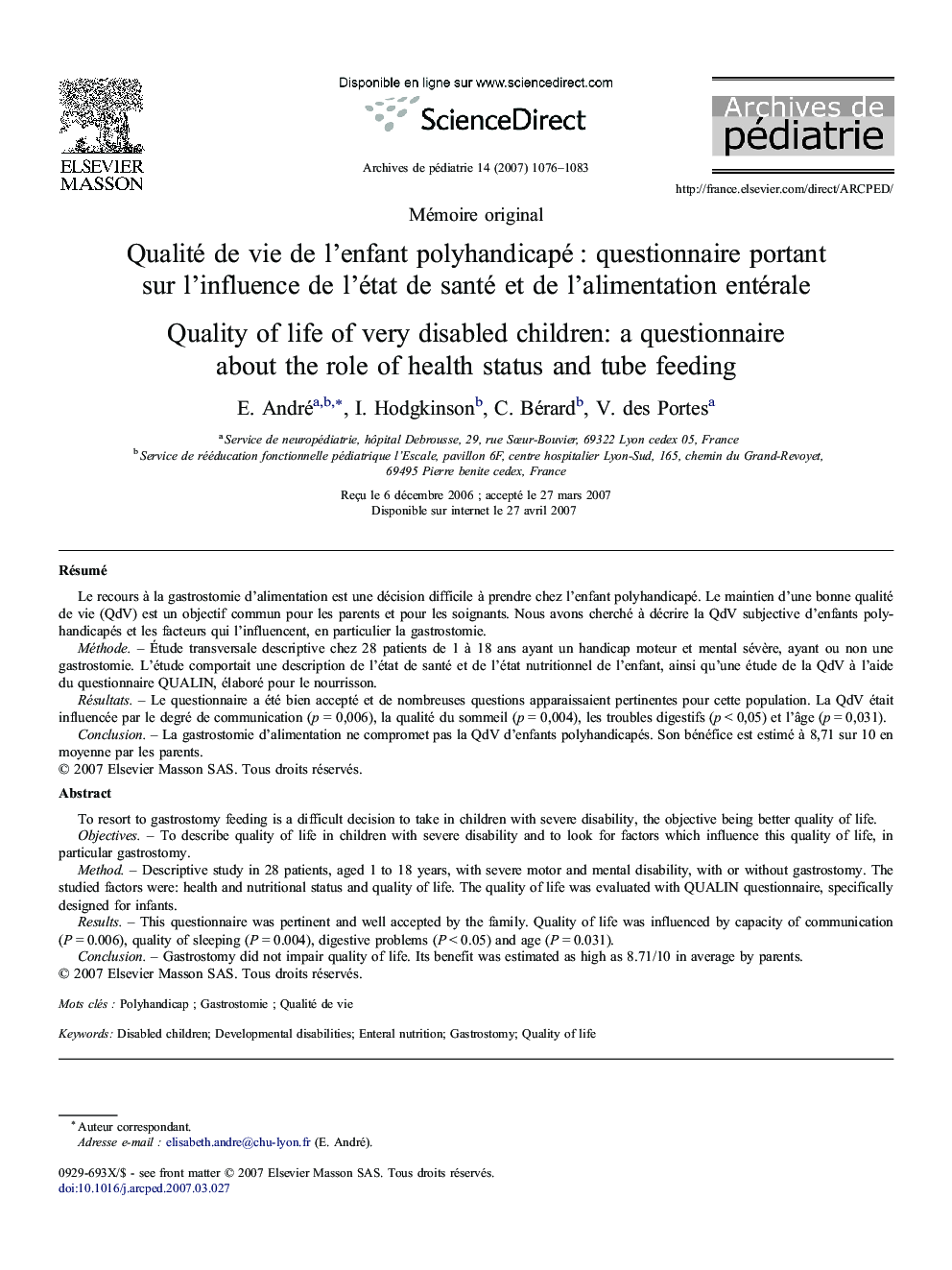 عکس صفحه اول مقاله: Qualité de vie de l'enfant polyhandicapé : questionnaire portant sur l'influence de l'état de santé et de l'alimentation entérale Qualité de vie de l'enfant polyhandicapé : questionnaire portant sur l'influence de l'état de santé et de l'alimentation entérale