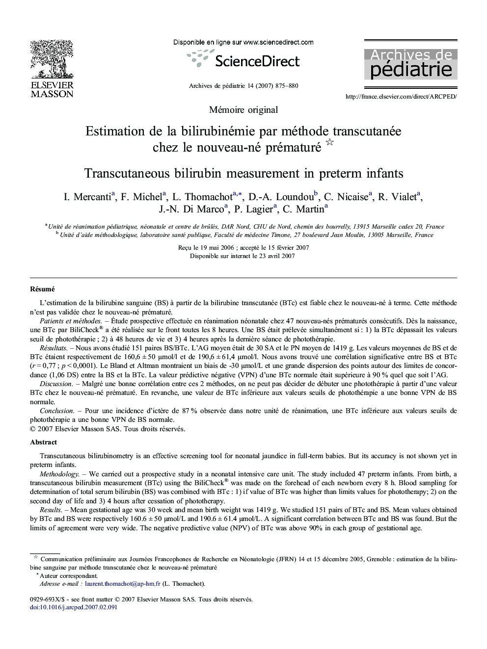 Estimation de la bilirubinémie par méthode transcutanée chez le nouveau-né prématuré 