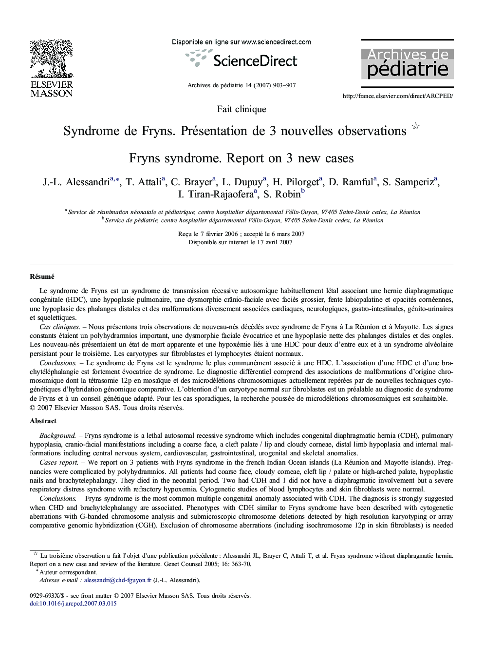 Syndrome de Fryns. Présentation de 3 nouvelles observations 