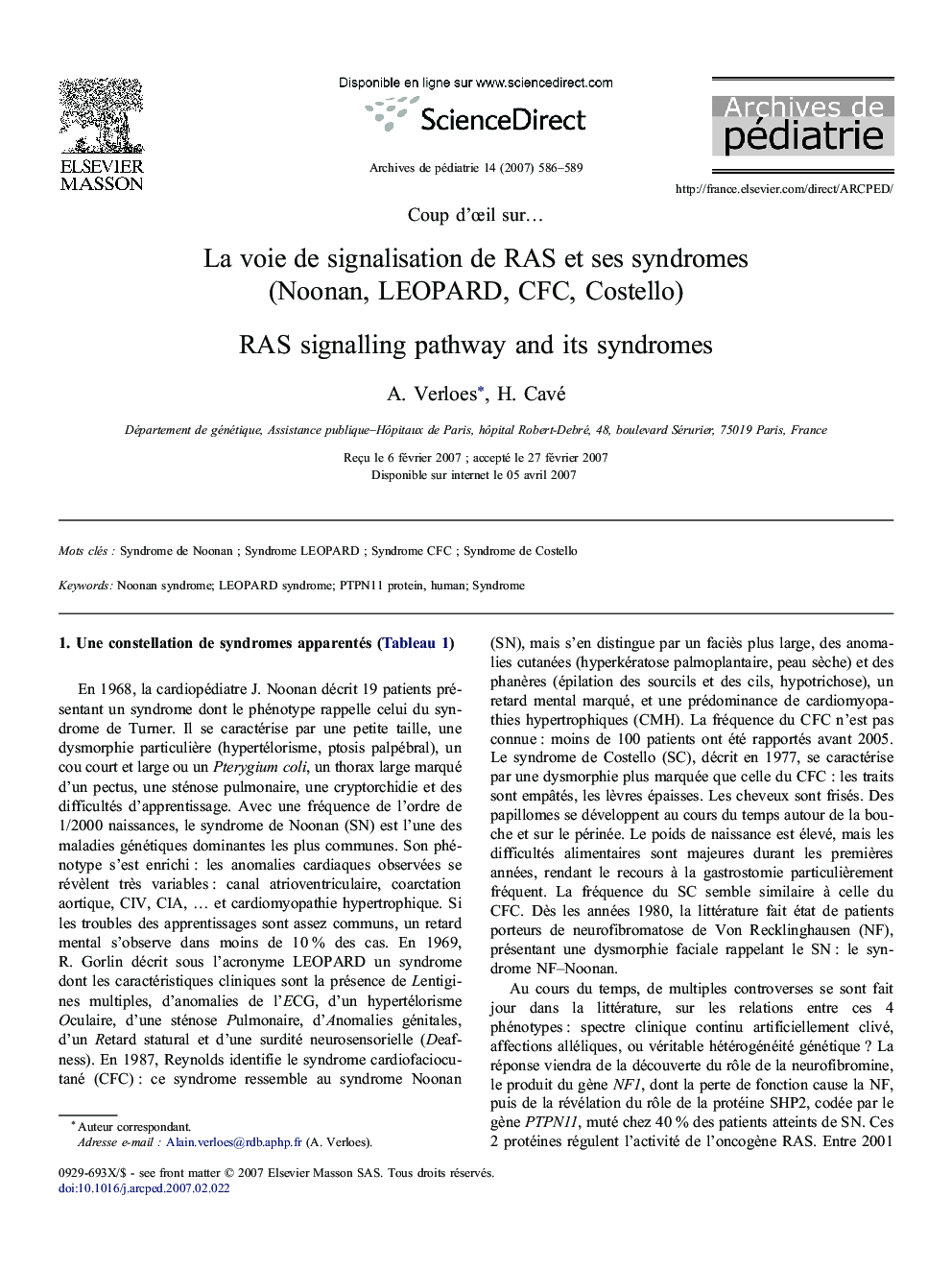 La voie deÂ signalisation deÂ RAS etÂ sesÂ syndromes (Noonan, LEOPARD, CFC, Costello)