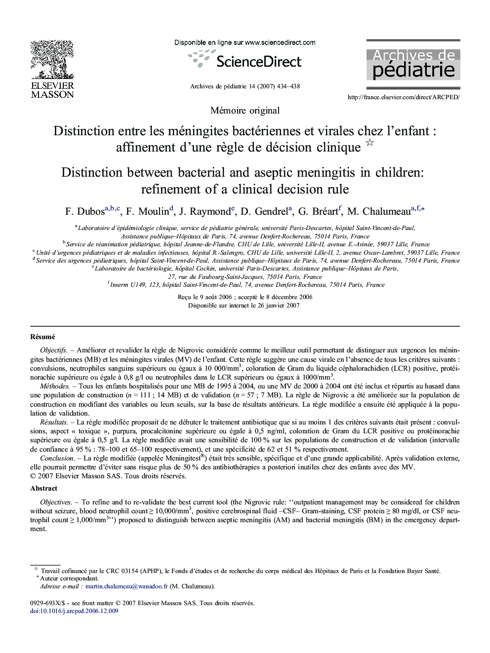 Distinction entre les méningites bactériennes et virales chez l'enfant : affinement d'une règle de décision clinique 