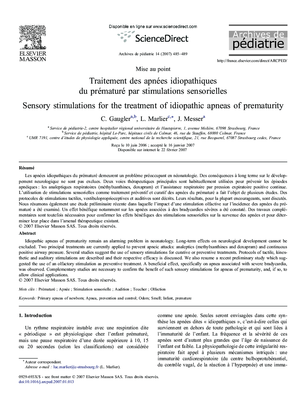 Traitement des apnées idiopathiques du prématuré par stimulations sensorielles