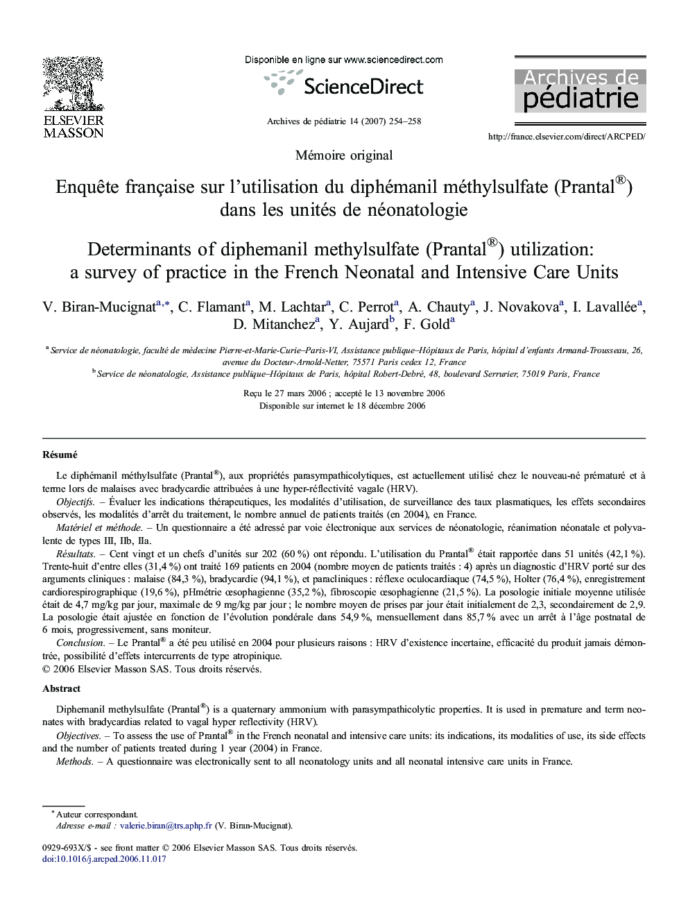 Enquête française sur l'utilisation du diphémanil méthylsulfate (Prantal®) dans les unités de néonatologie