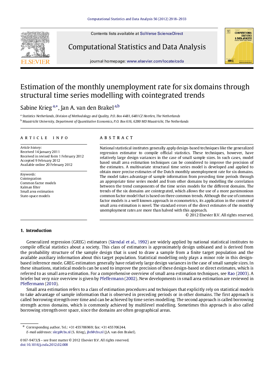 Estimation of the monthly unemployment rate for six domains through structural time series modelling with cointegrated trends