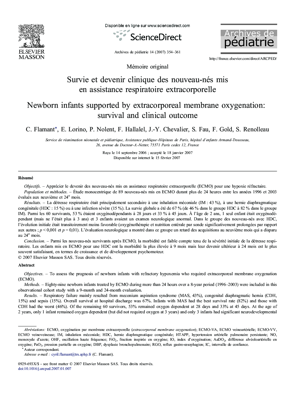 Survie etÂ devenir clinique desÂ nouveau-nés mis enÂ assistance respiratoire extracorporelle