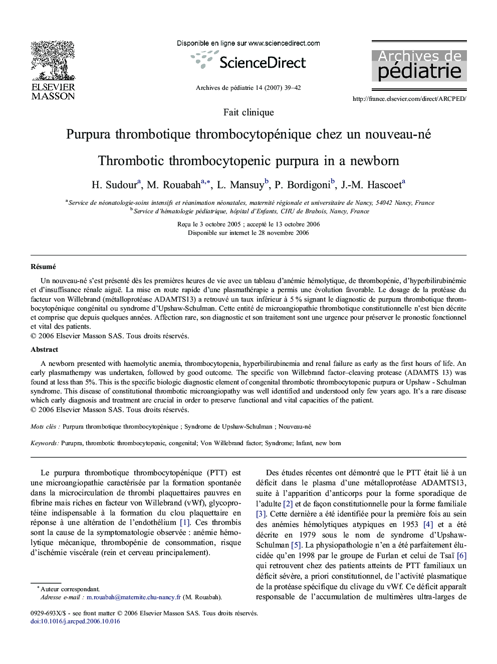 Purpura thrombotique thrombocytopénique chezÂ unÂ nouveau-né