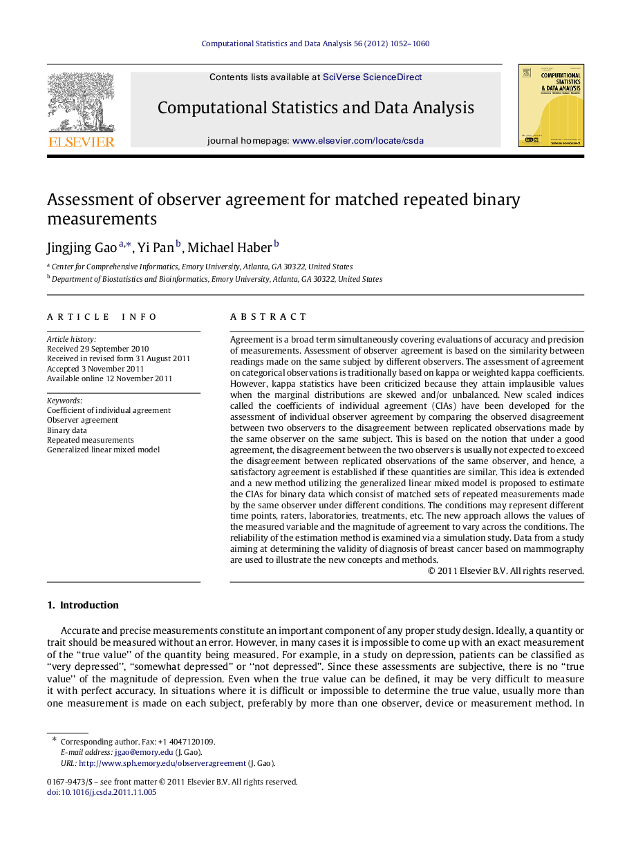 Assessment of observer agreement for matched repeated binary measurements