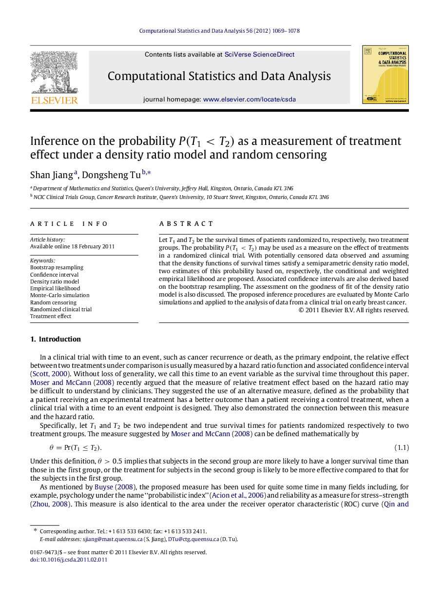 Inference on the probability P(T1<T2)P(T1<T2) as a measurement of treatment effect under a density ratio model and random censoring