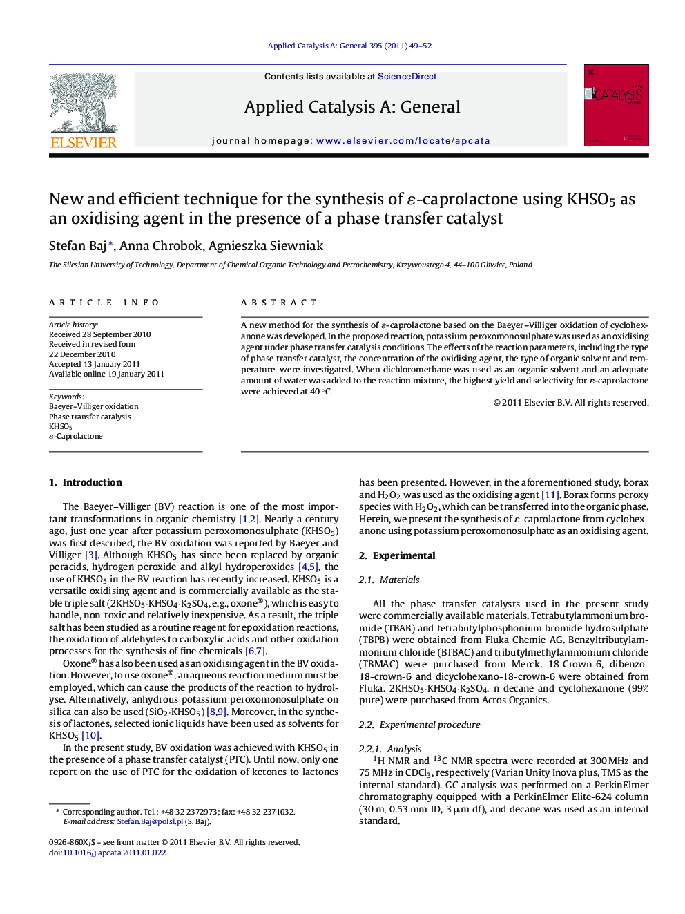 New and efficient technique for the synthesis of ɛ-caprolactone using KHSO5 as an oxidising agent in the presence of a phase transfer catalyst