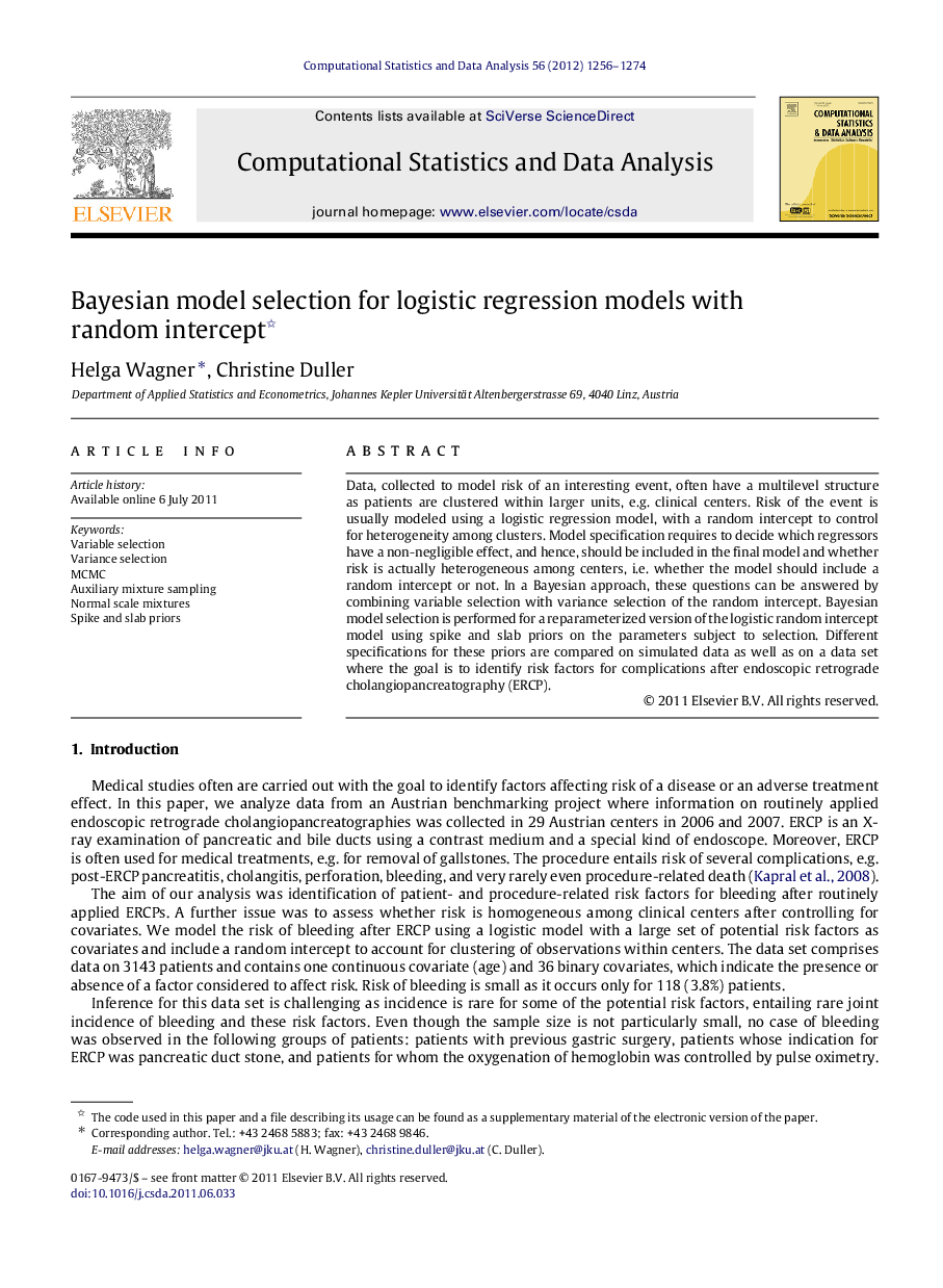 Bayesian model selection for logistic regression models with random intercept 