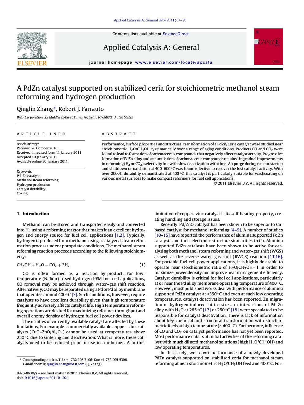 A PdZn catalyst supported on stabilized ceria for stoichiometric methanol steam reforming and hydrogen production