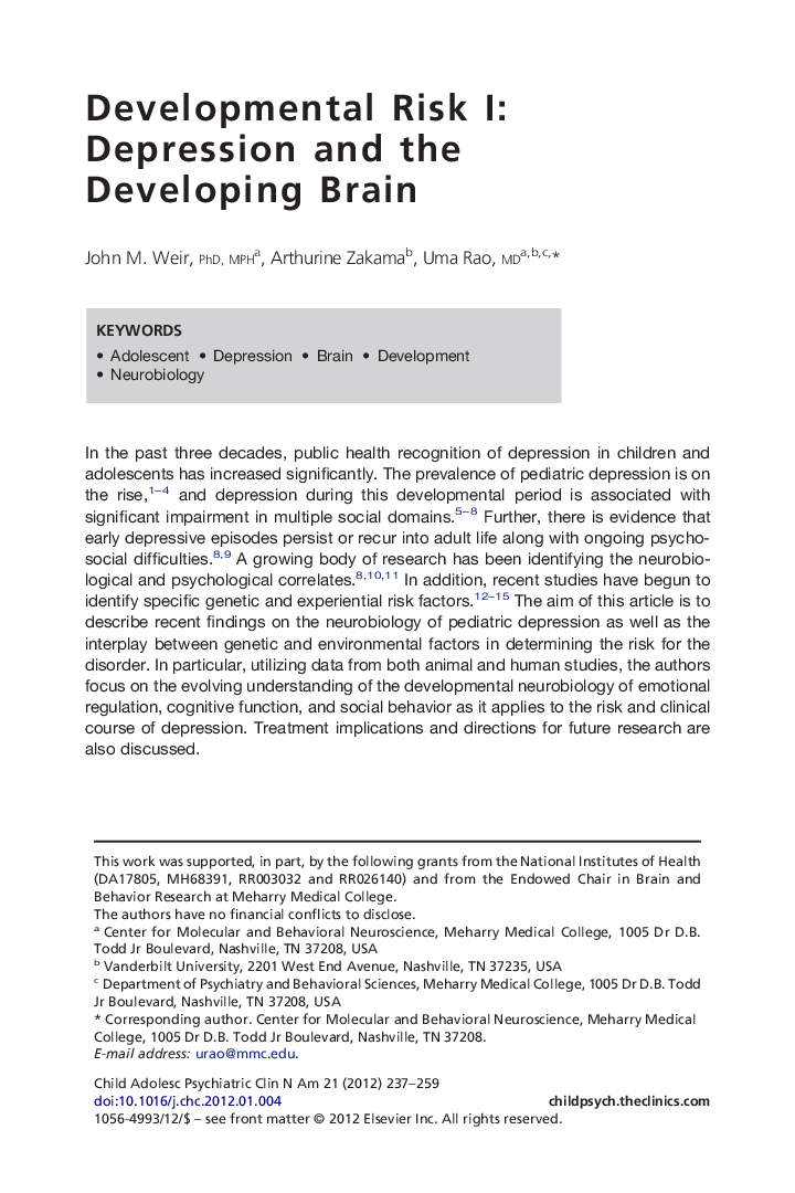 Developmental Risk I: Depression and the Developing Brain