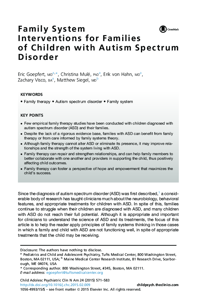 Family System Interventions for Families of Children with Autism Spectrum Disorder