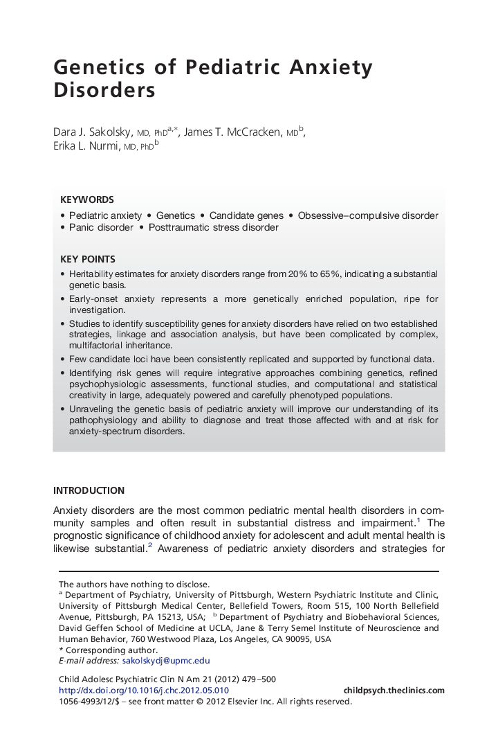 Genetics of Pediatric Anxiety Disorders