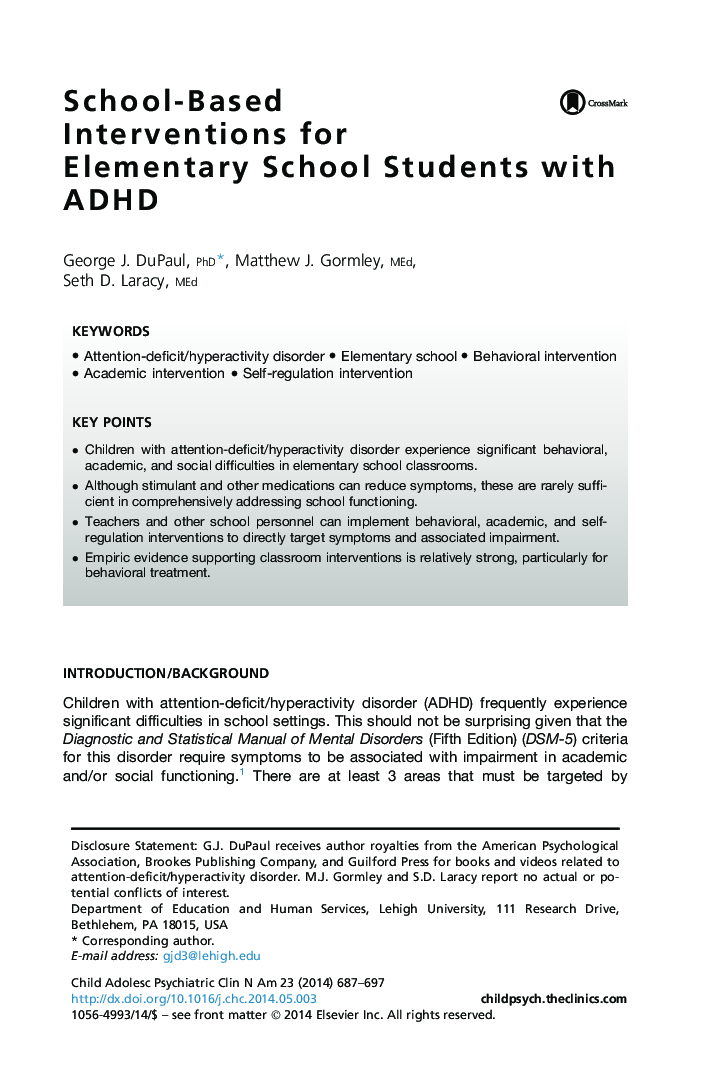 School-Based Interventions for Elementary School Students with ADHD