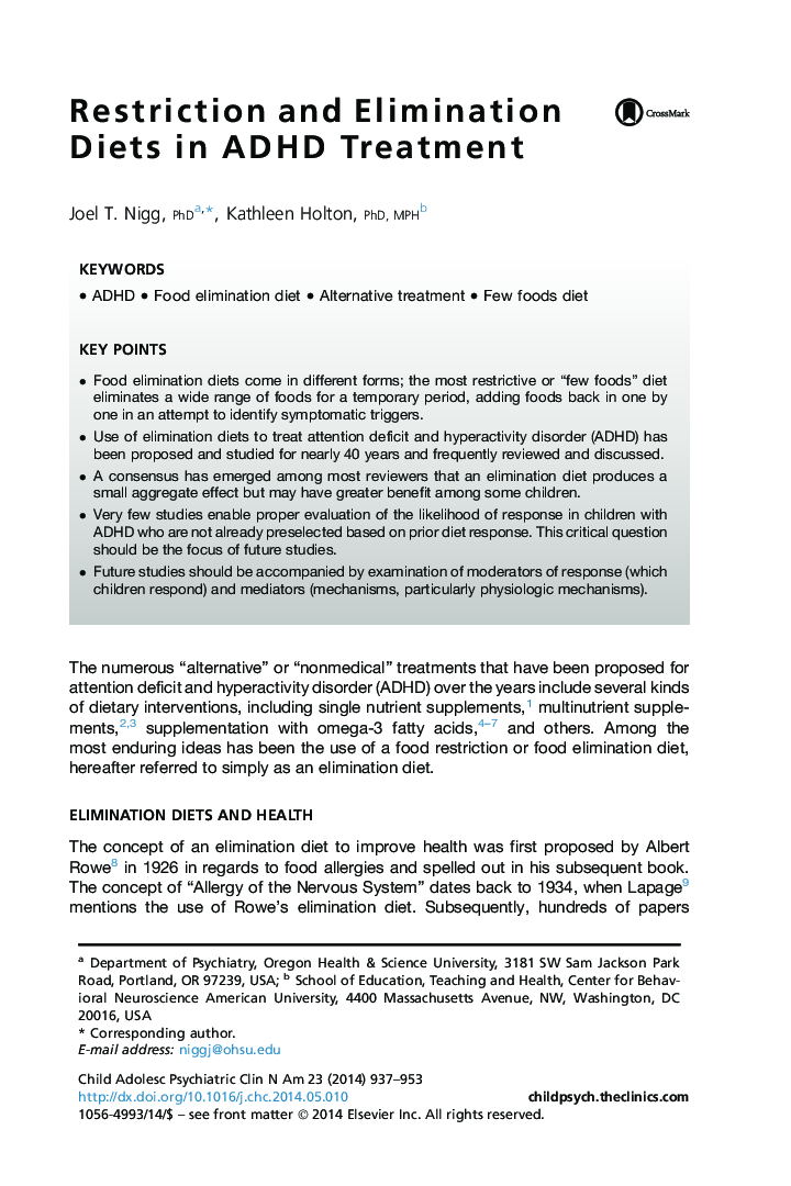 Restriction and Elimination Diets in ADHD Treatment