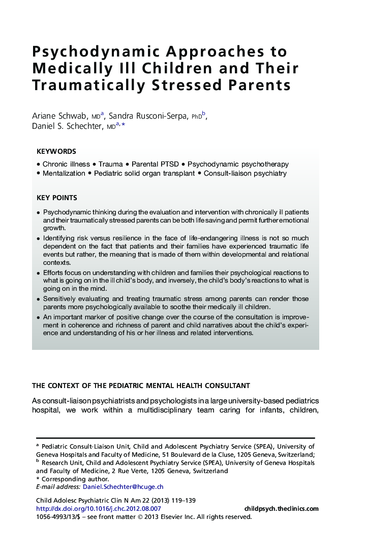 Psychodynamic Approaches to Medically Ill Children and Their Traumatically Stressed Parents