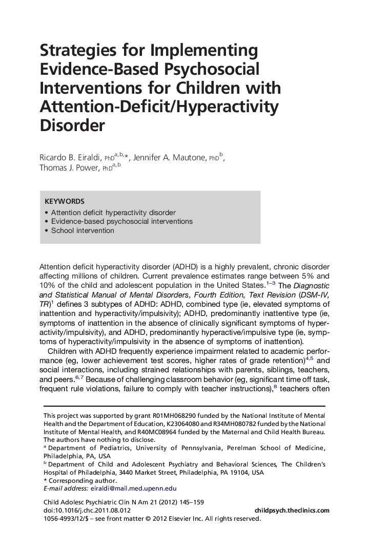 Strategies for Implementing Evidence-Based Psychosocial Interventions for Children with Attention-Deficit/Hyperactivity Disorder