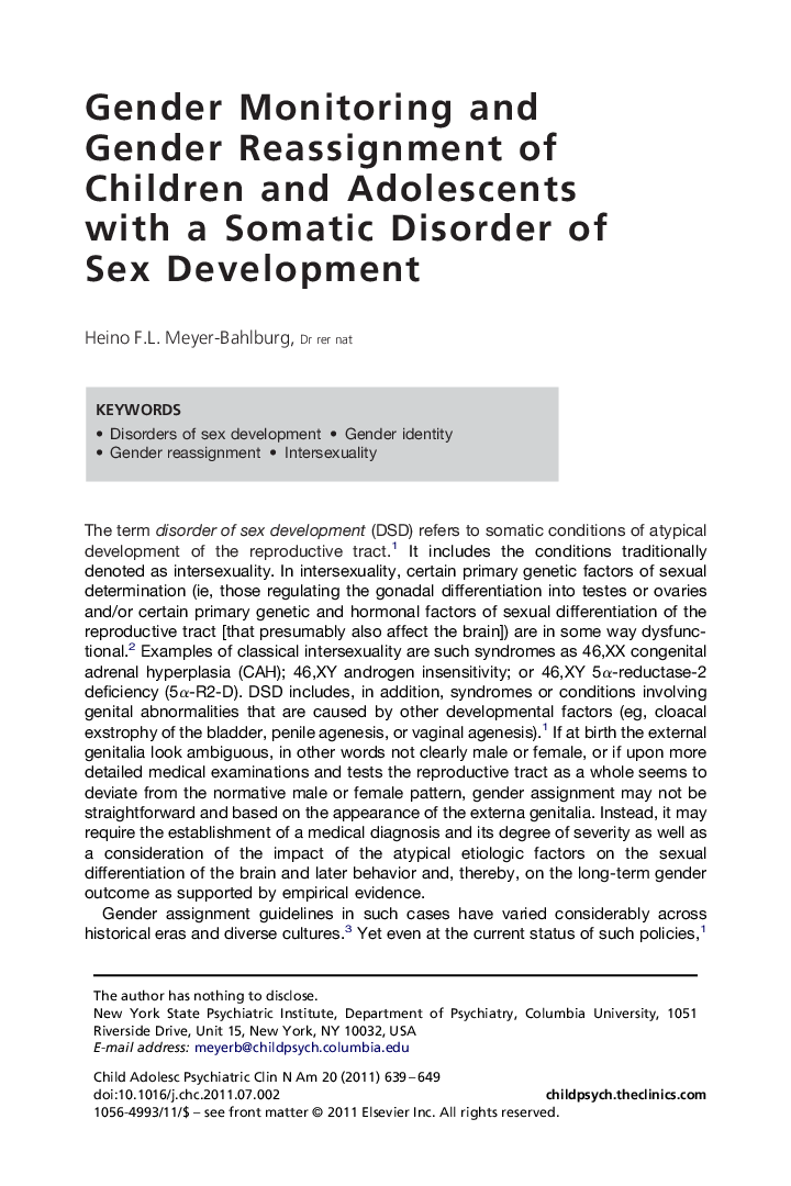 Gender Monitoring and Gender Reassignment of Children and Adolescents with a Somatic Disorder of Sex Development