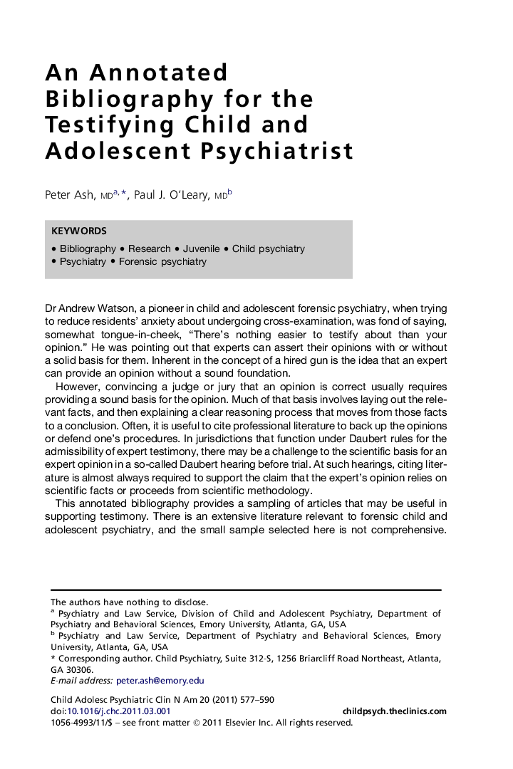 An Annotated Bibliography for the Testifying Child and Adolescent Psychiatrist
