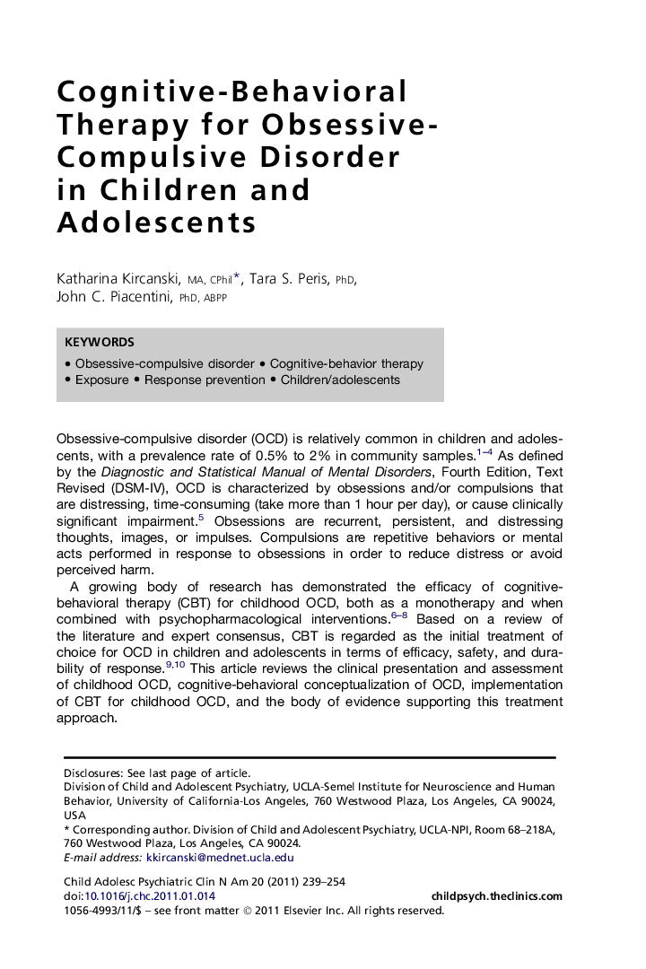 Cognitive-Behavioral Therapy for Obsessive-Compulsive Disorder in Children and Adolescents