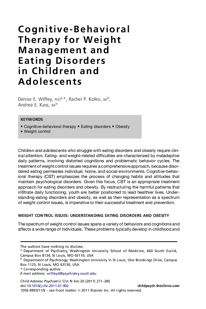 Cognitive-Behavioral Therapy for Weight Management and Eating Disorders in Children and Adolescents