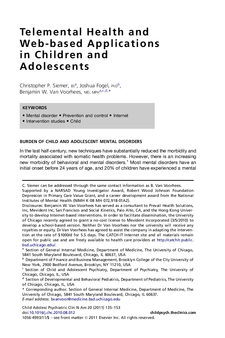 Telemental Health and Web-based Applications in Children and Adolescents