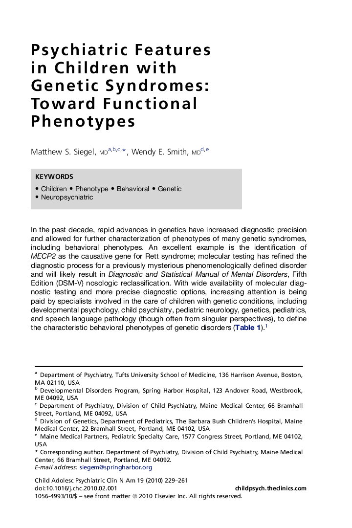 Psychiatric Features in Children with Genetic Syndromes: Toward Functional Phenotypes