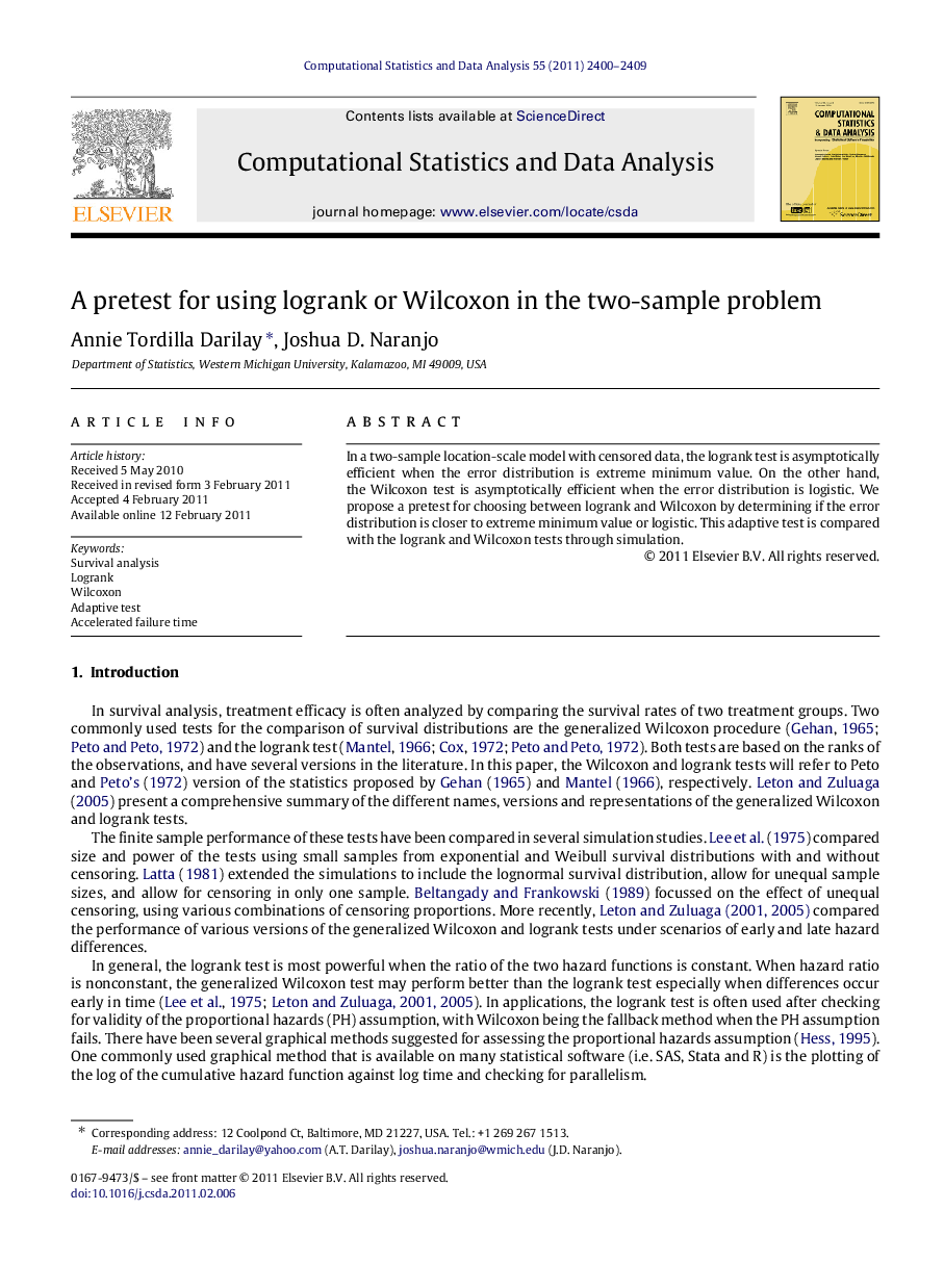 A pretest for using logrank or Wilcoxon in the two-sample problem