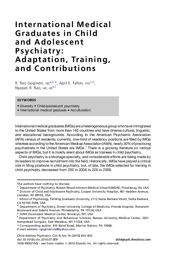 International Medical Graduates in Child and Adolescent Psychiatry: Adaptation, Training, and Contributions