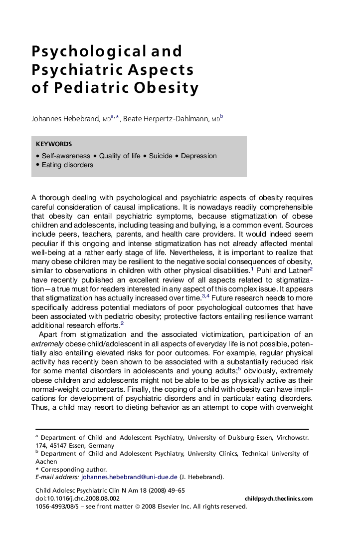 Psychological and Psychiatric Aspects of Pediatric Obesity