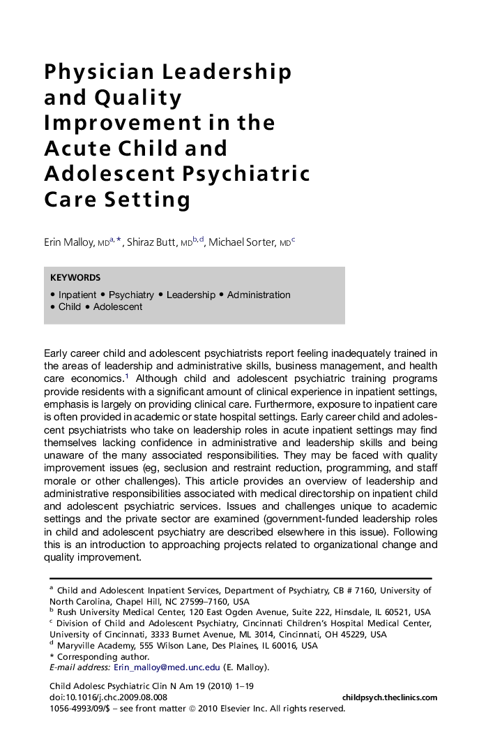 Physician Leadership and Quality Improvement in the Acute Child and Adolescent Psychiatric Care Setting