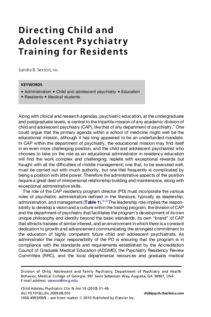 Directing Child and Adolescent Psychiatry Training for Residents