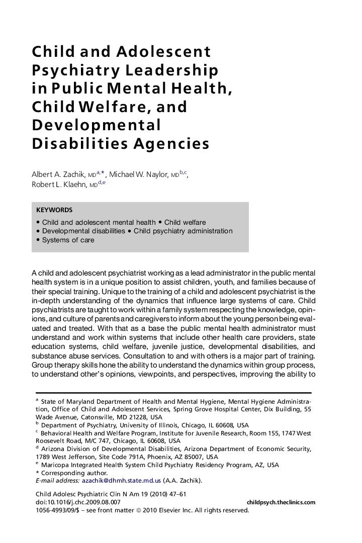 Child and Adolescent Psychiatry Leadership in Public Mental Health, Child Welfare, and Developmental Disabilities Agencies