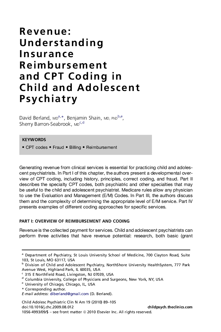 Revenue: Understanding Insurance Reimbursement and CPT Coding in Child and Adolescent Psychiatry