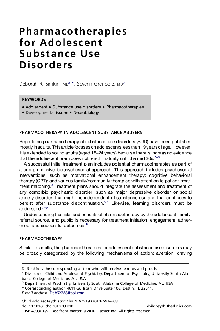 Pharmacotherapies for Adolescent Substance Use Disorders