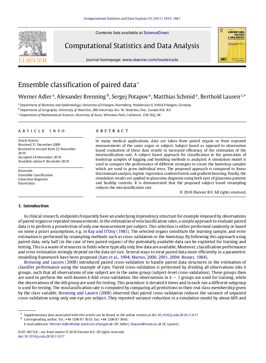 Ensemble classification of paired data 