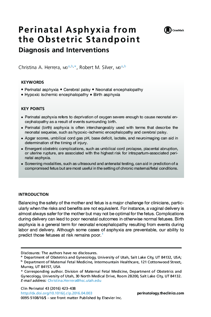 Perinatal Asphyxia from the Obstetric Standpoint