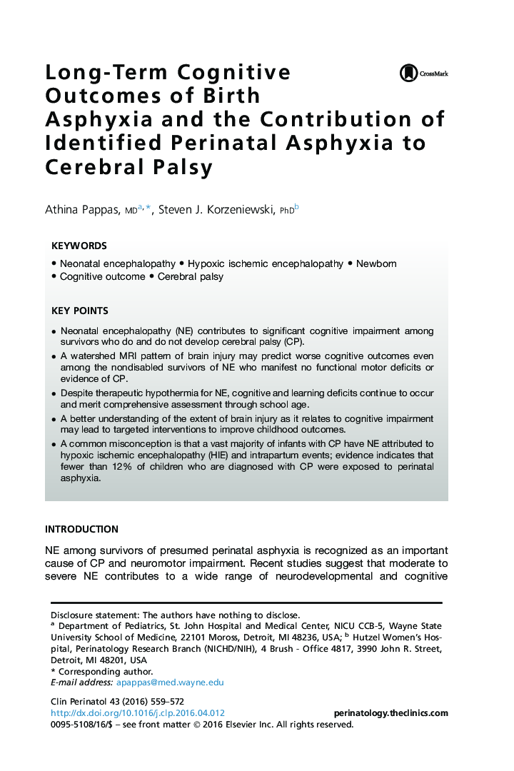 Long-Term Cognitive Outcomes of Birth Asphyxia and the Contribution of Identified Perinatal Asphyxia to Cerebral Palsy