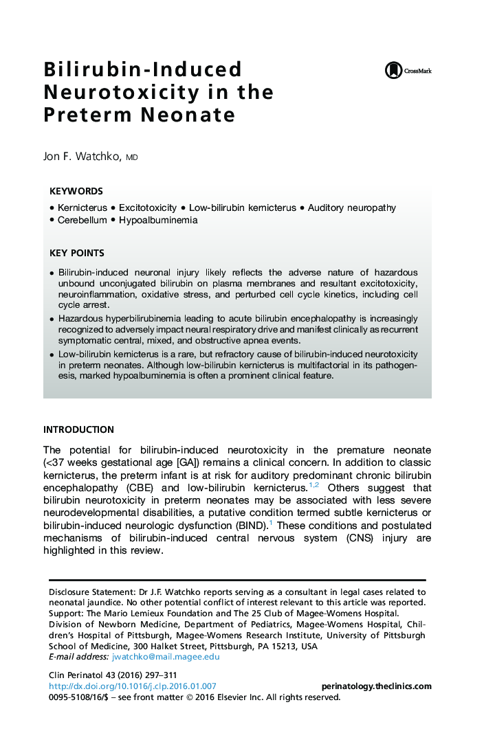 Bilirubin-Induced Neurotoxicity in the Preterm Neonate